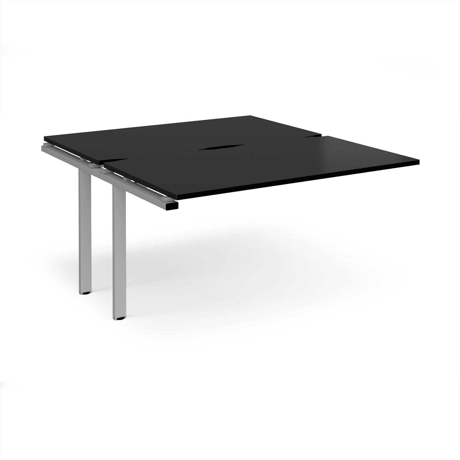 Desk add-on unit with black top and silver metal frame on a white background