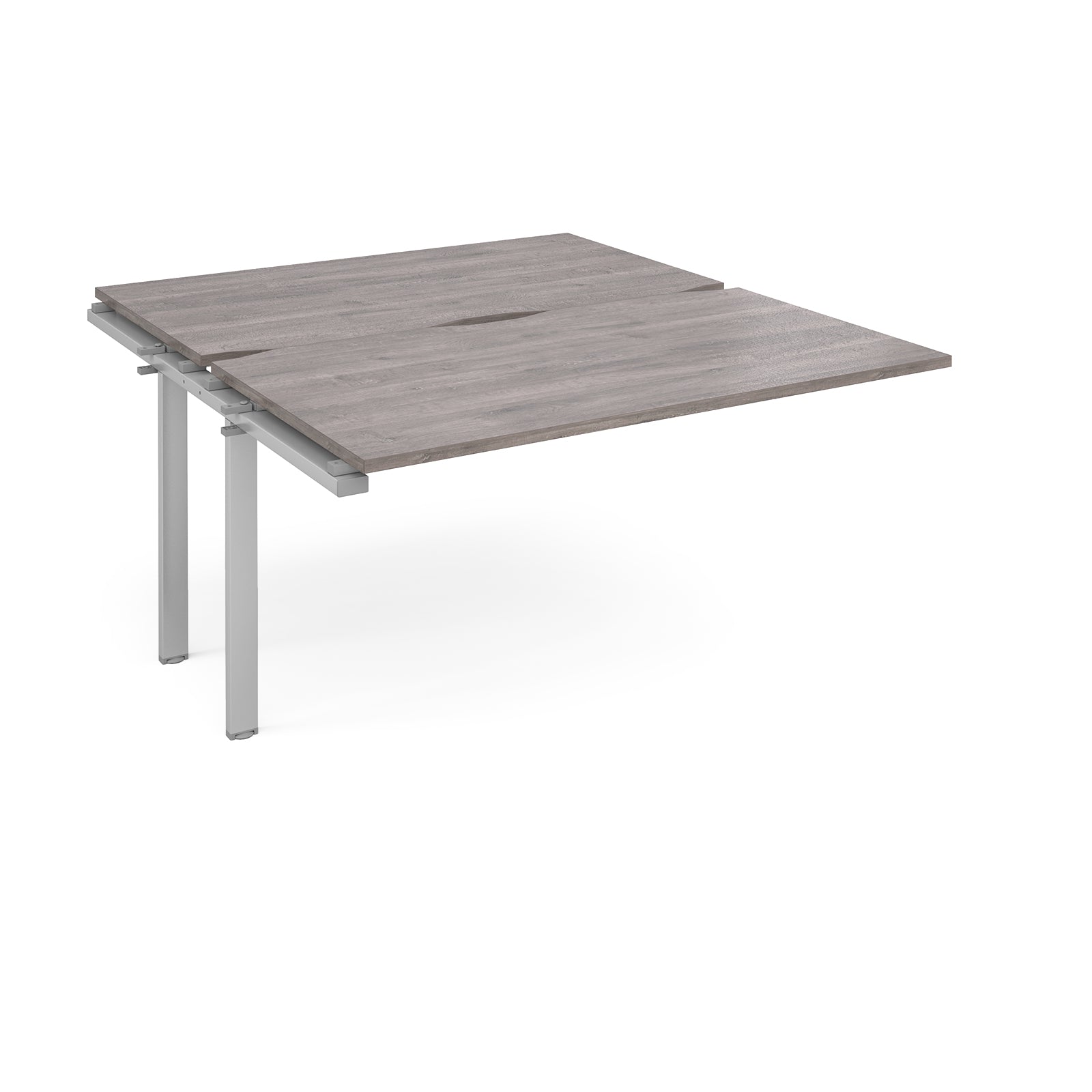 Desk add-on unit with grey wood-effect top and silver metal frame on a white background