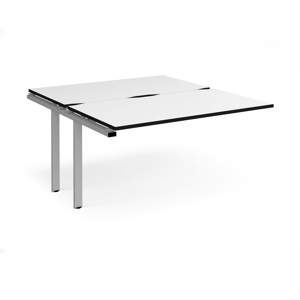 Desk add-on unit with white top with black edges and silver metal frame on a white background