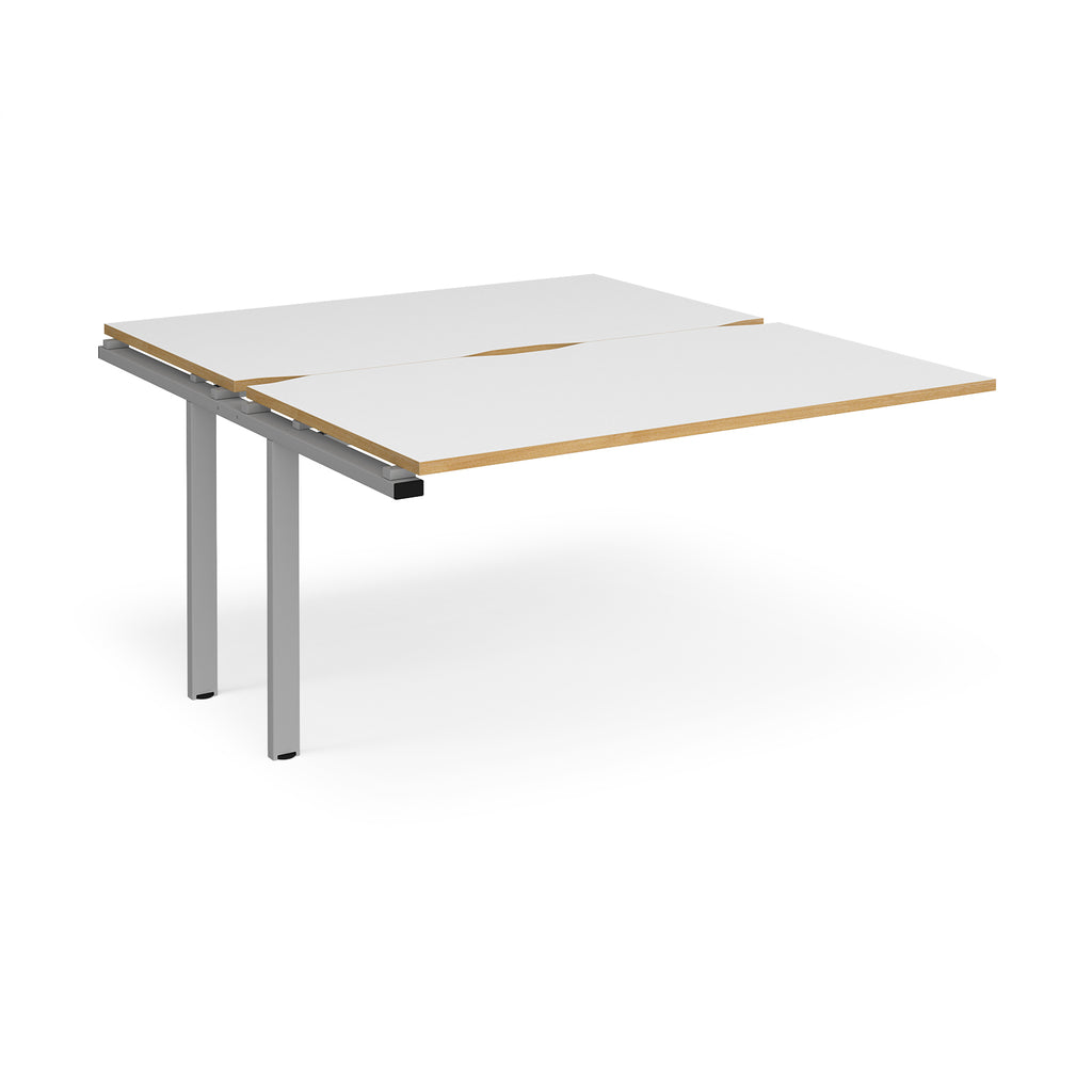 Desk add-on unit with white top with wooden edges and silver metal frame on a white background