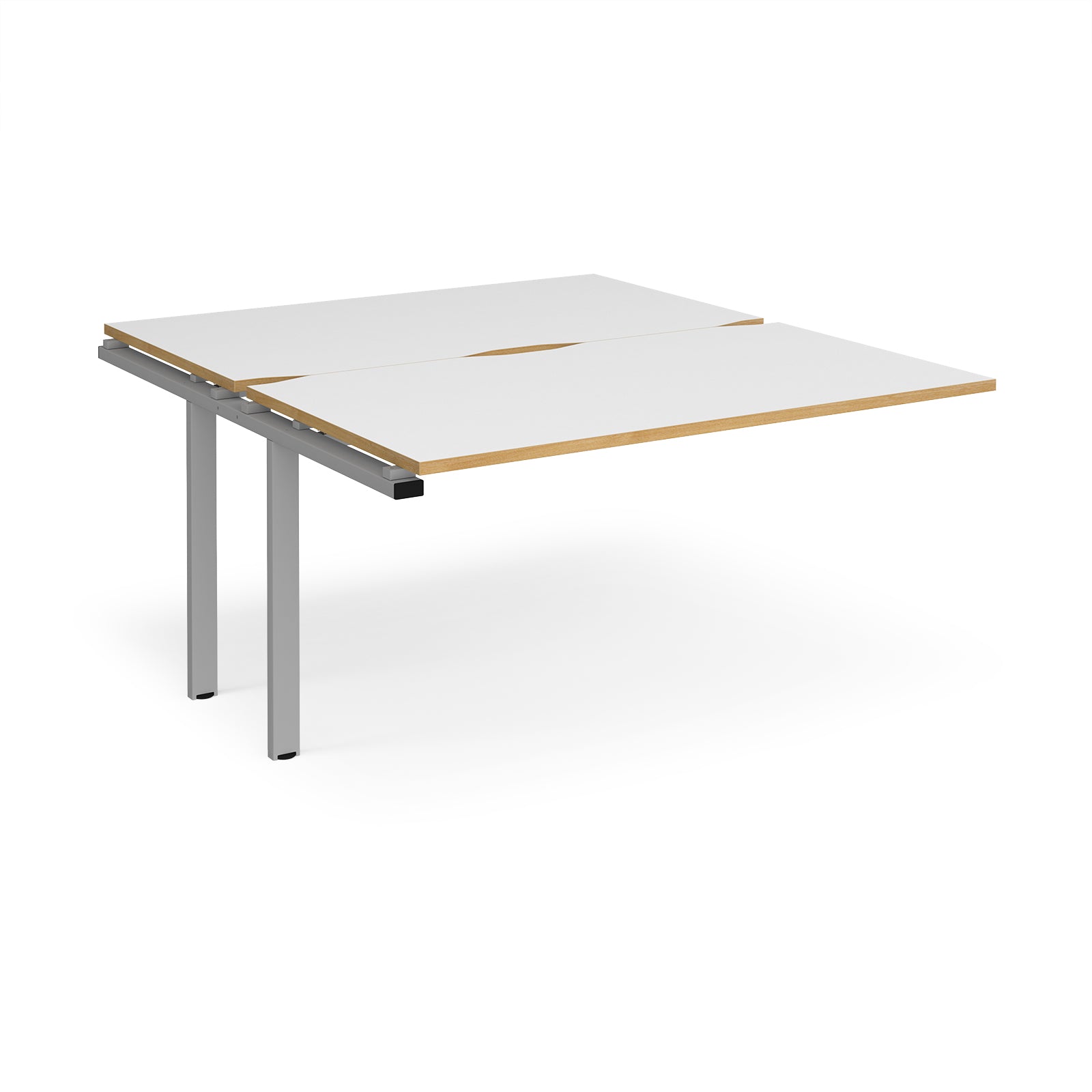 Desk add-on unit with white top with wooden edges and silver metal frame on a white background
