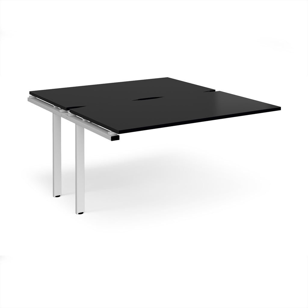Desk add-on unit with black top and white metal frame on a white background
