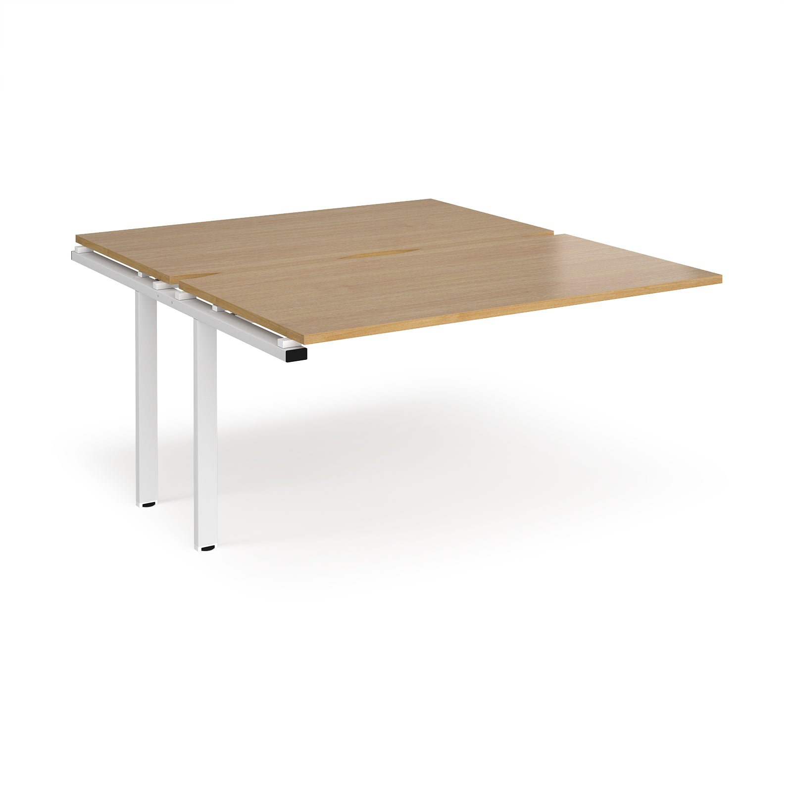 Desk add-on unit with wood-effect top and white metal frame on a white background