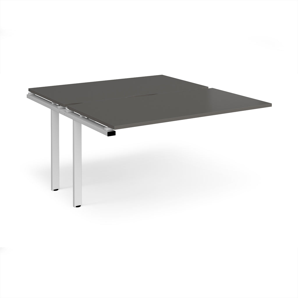 Desk add-on unit with grey top and white metal frame on a white background