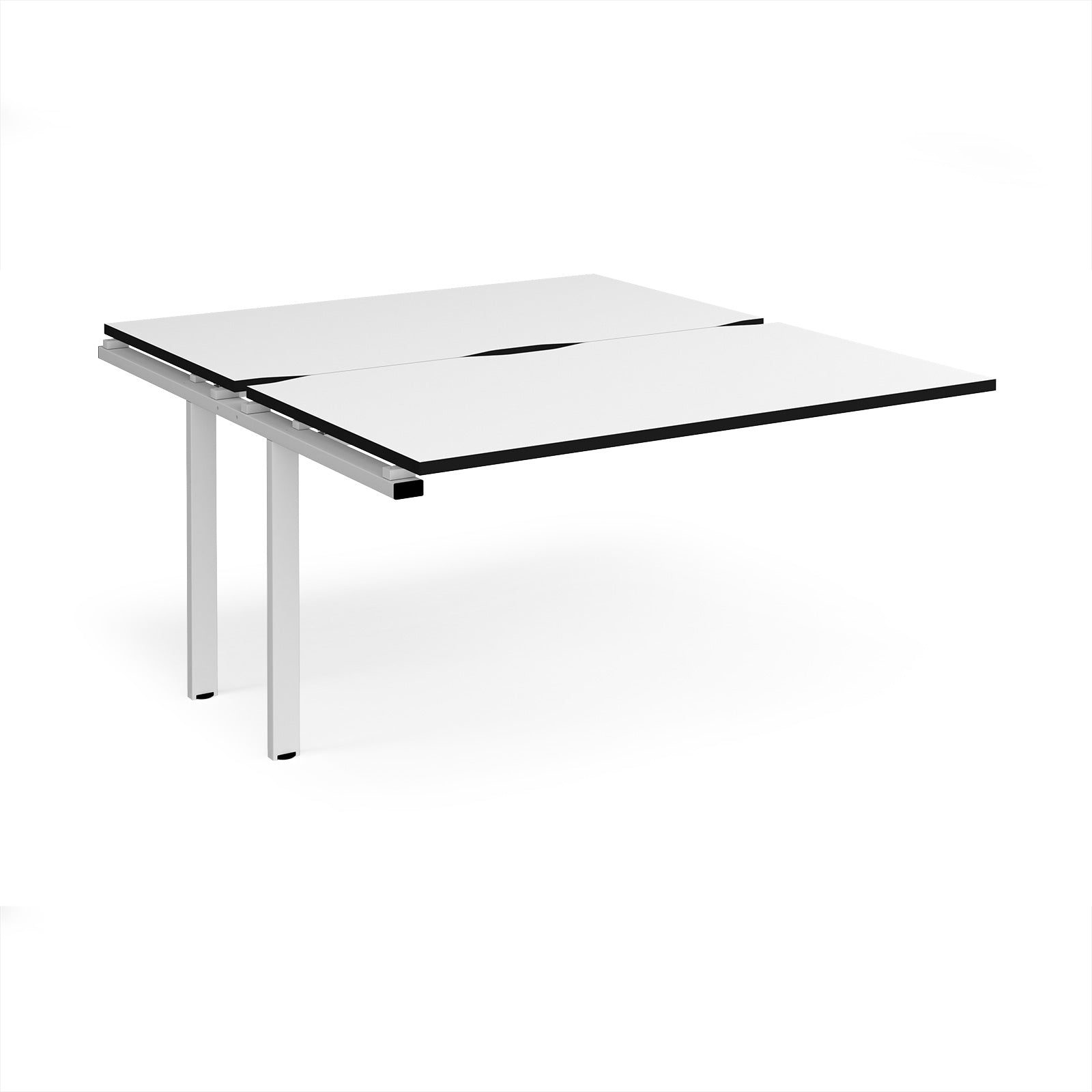 Desk add-on unit with white top with black edges and white metal frame on a white background