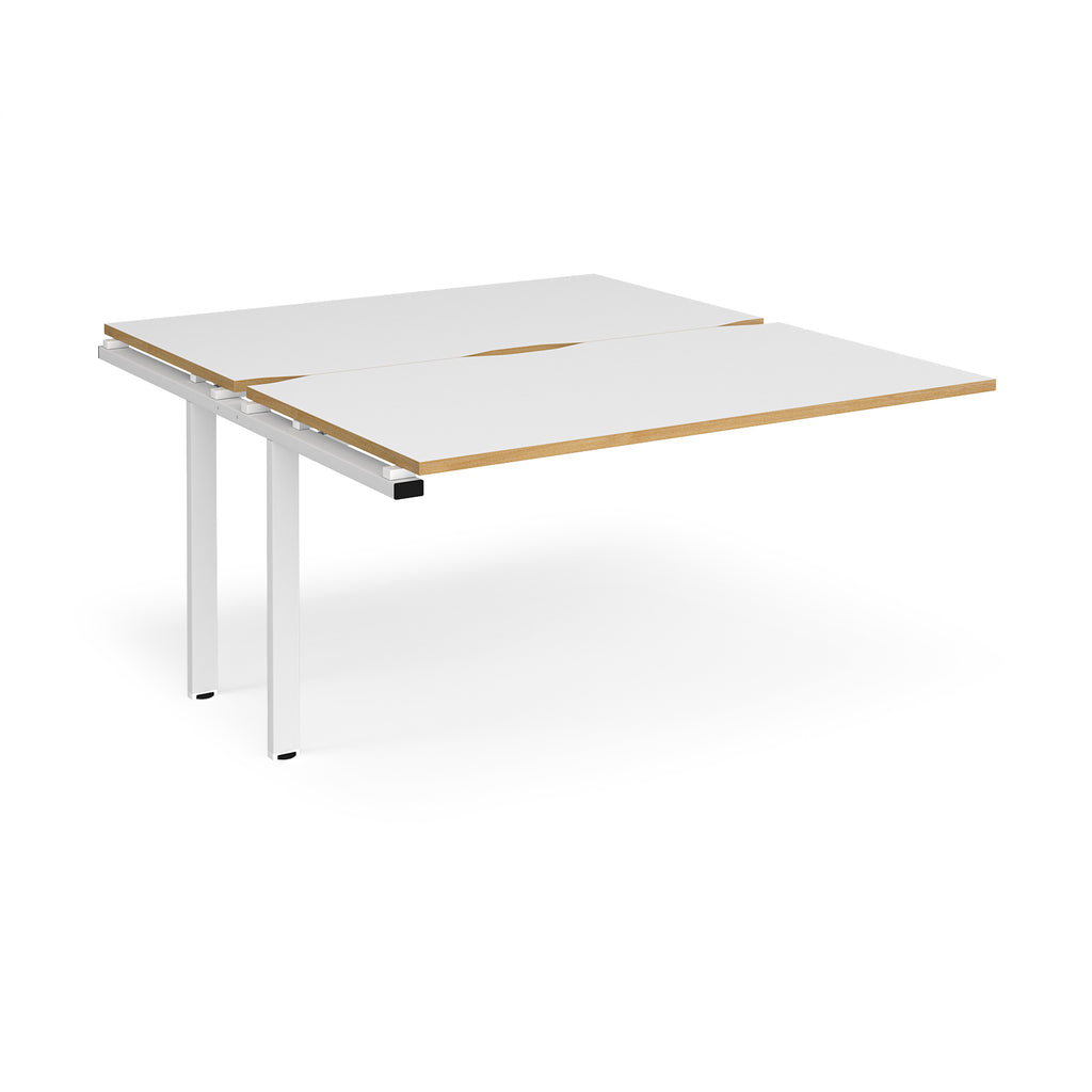 Desk add-on unit with white top with wooden edges and white metal frame on a white background