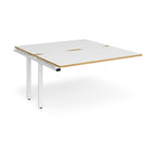 Desk add-on unit with white top with wooden edges and white metal frame on a white background