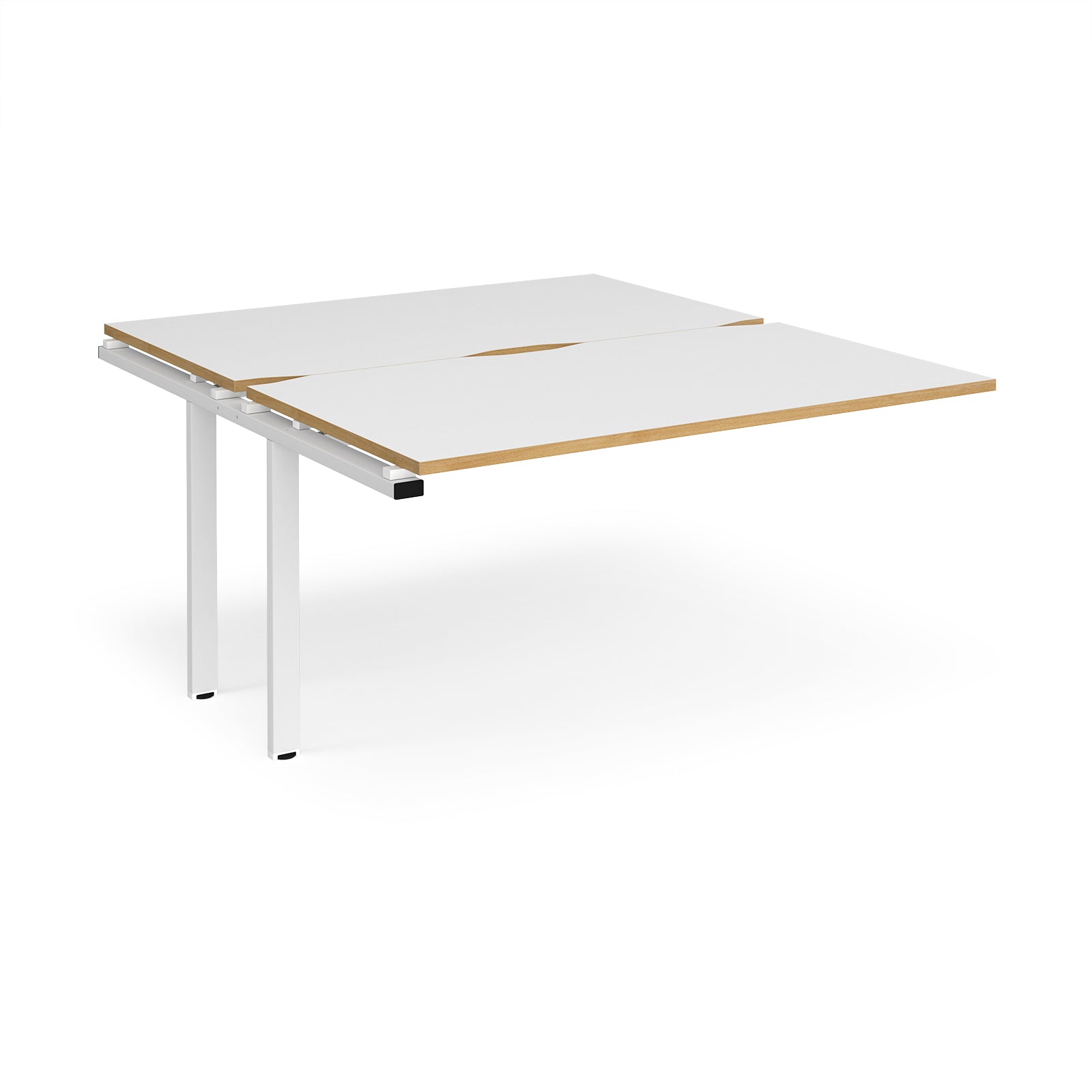 Desk add-on unit with white top with wooden edges and white metal frame on a white background