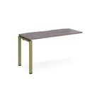 Desk add-on unit with grey wood-effect top and green metal frame on a white background