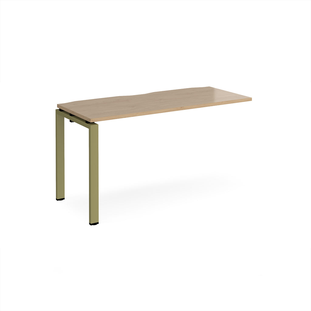Desk add-on unit with wood-effect top and green metal frame on a white background