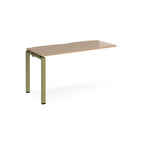 Desk add-on unit with wood-effect top and green metal frame on a white background