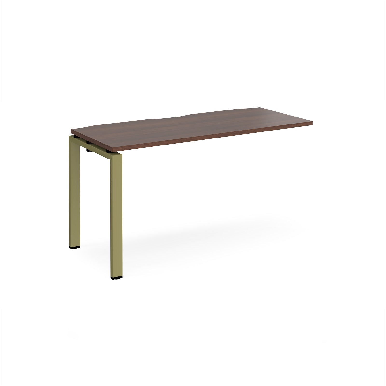 Desk add-on unit with wood-effect top and green metal frame on a white background