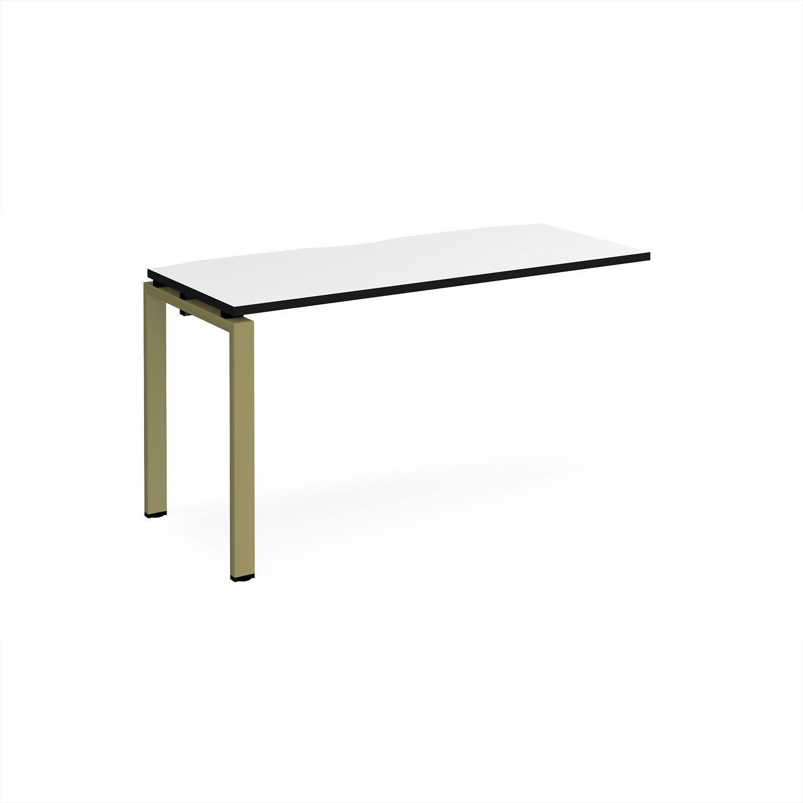 Desk add-on unit with white top with black edge and green metal frame on a white background