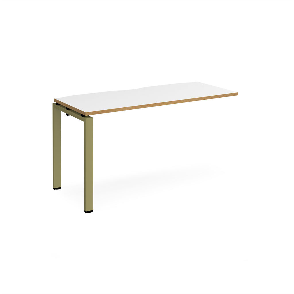 Desk add-on unit with white top with wooden edge and green metal frame on a white background