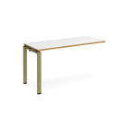 Desk add-on unit with white top with wooden edge and green metal frame on a white background