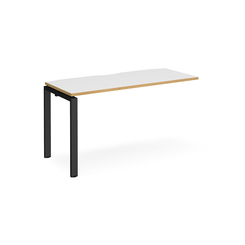Desk add-on unit with white top with wooden edge and black metal frame on a white background