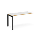 Desk add-on unit with white top with wooden edge and black metal frame on a white background