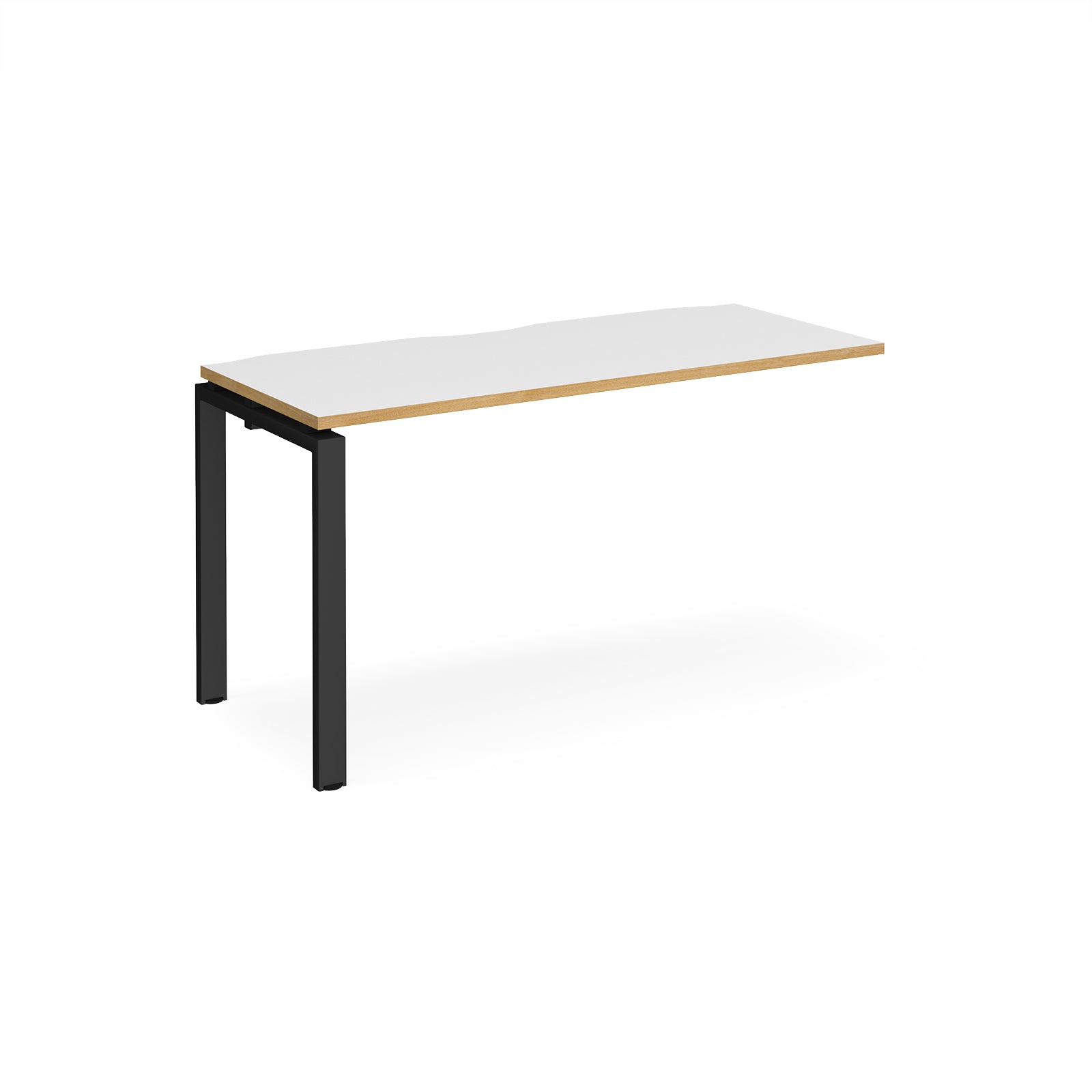 Desk add-on unit with white top with wooden edge and black metal frame on a white background