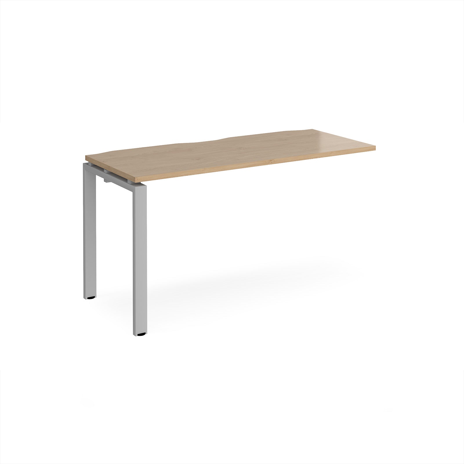 Desk add-on unit with wood-effect top and silver metal frame on a white background