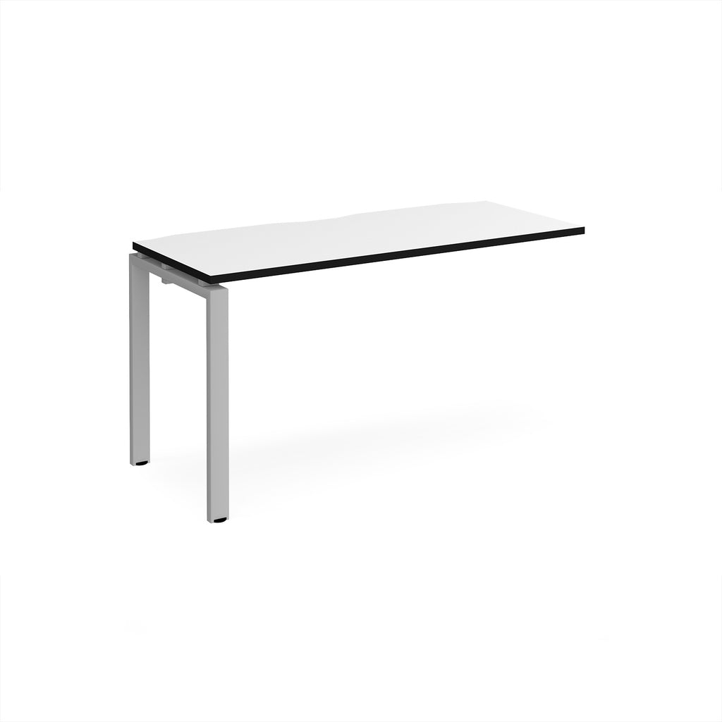 Desk add-on unit with white top with black edge and silver metal frame on a white background
