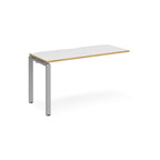 Desk add-on unit with white top with wooden edge and silver metal frame on a white background