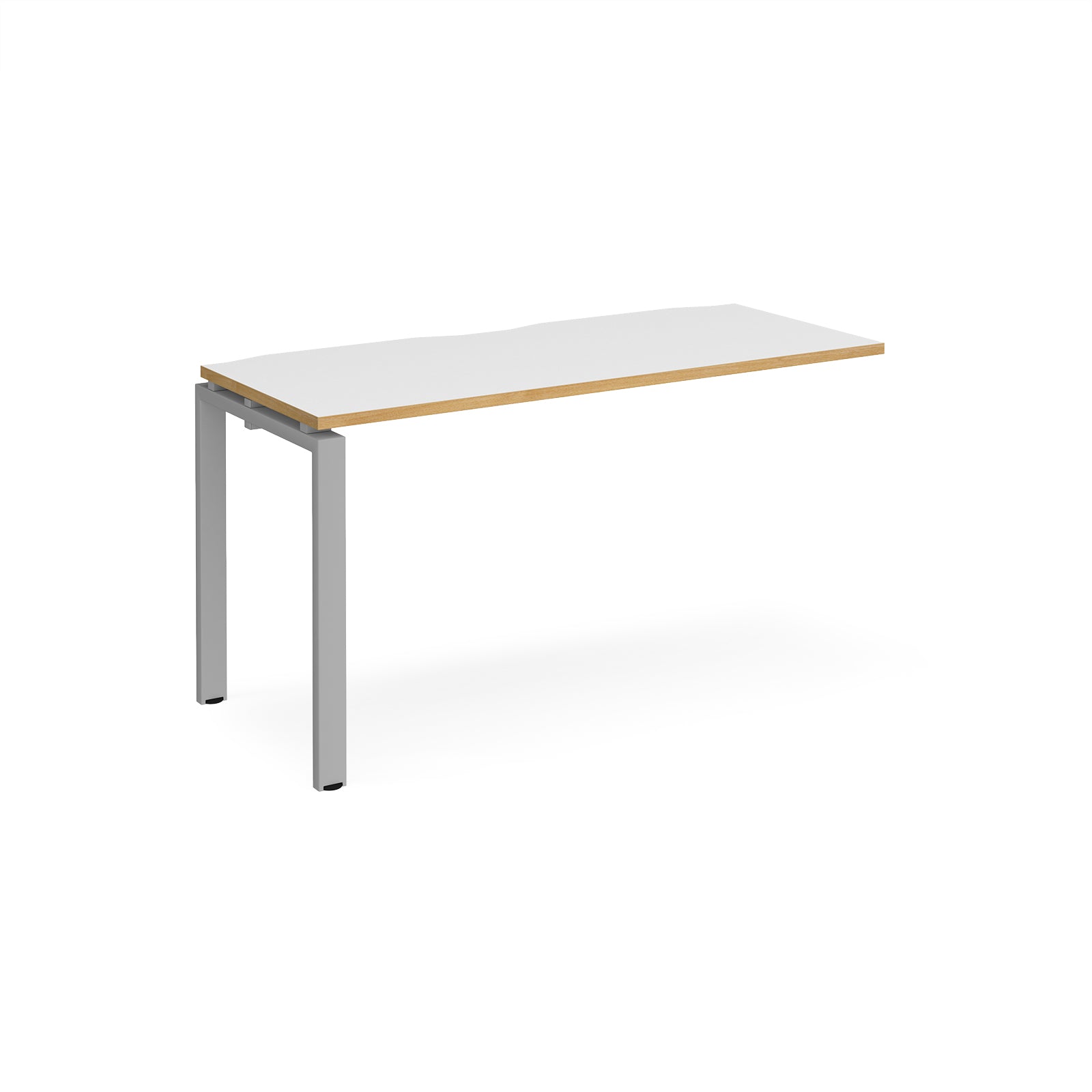 Desk add-on unit with white top with wooden edge and silver metal frame on a white background