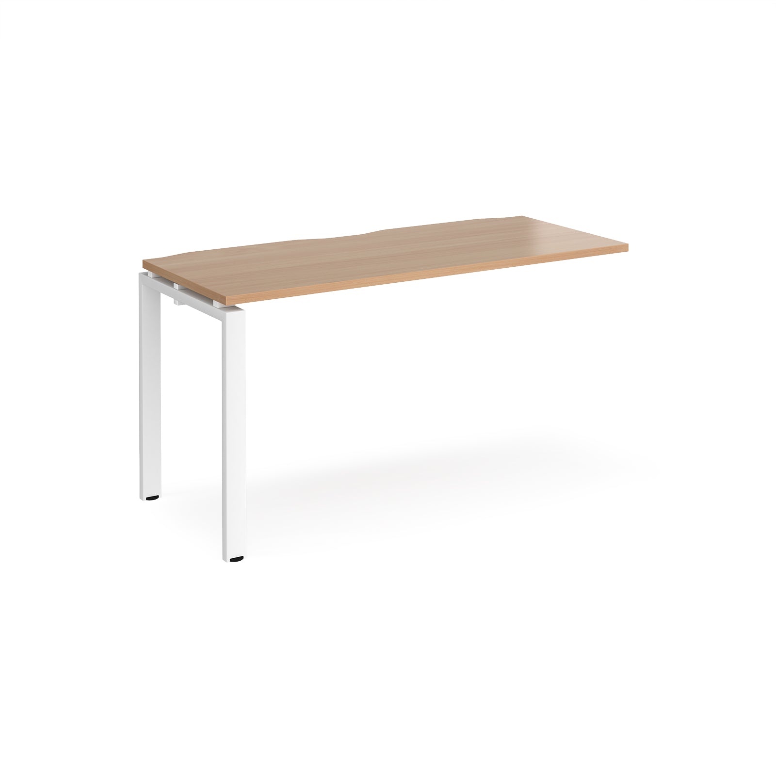 Desk add-on unit with wood-effect top and white metal frame on a white background