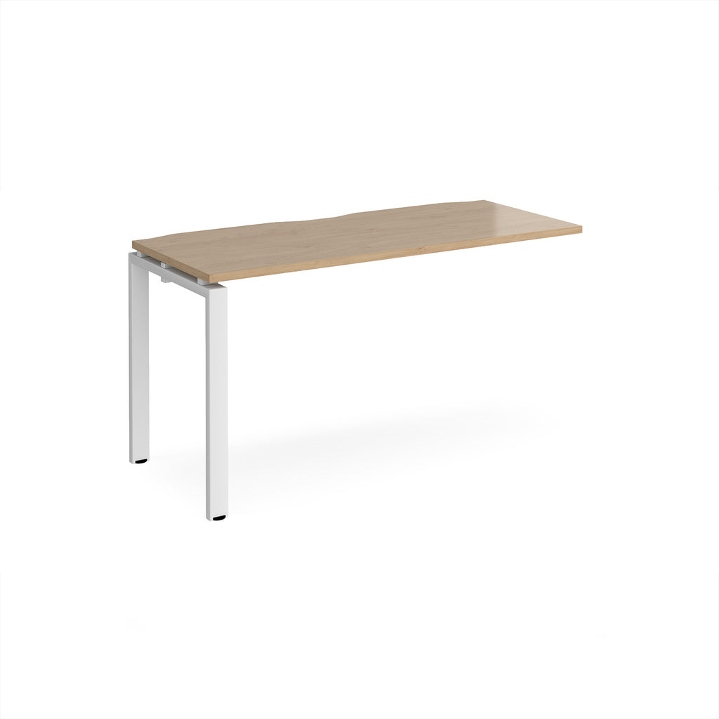 Desk add-on unit with wood-effect top and white metal frame on a white background