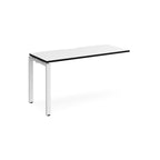 Desk add-on unit with white top with black edge and white metal frame on a white background