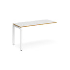 Desk add-on unit with white top with wooden edge and white metal frame on a white background