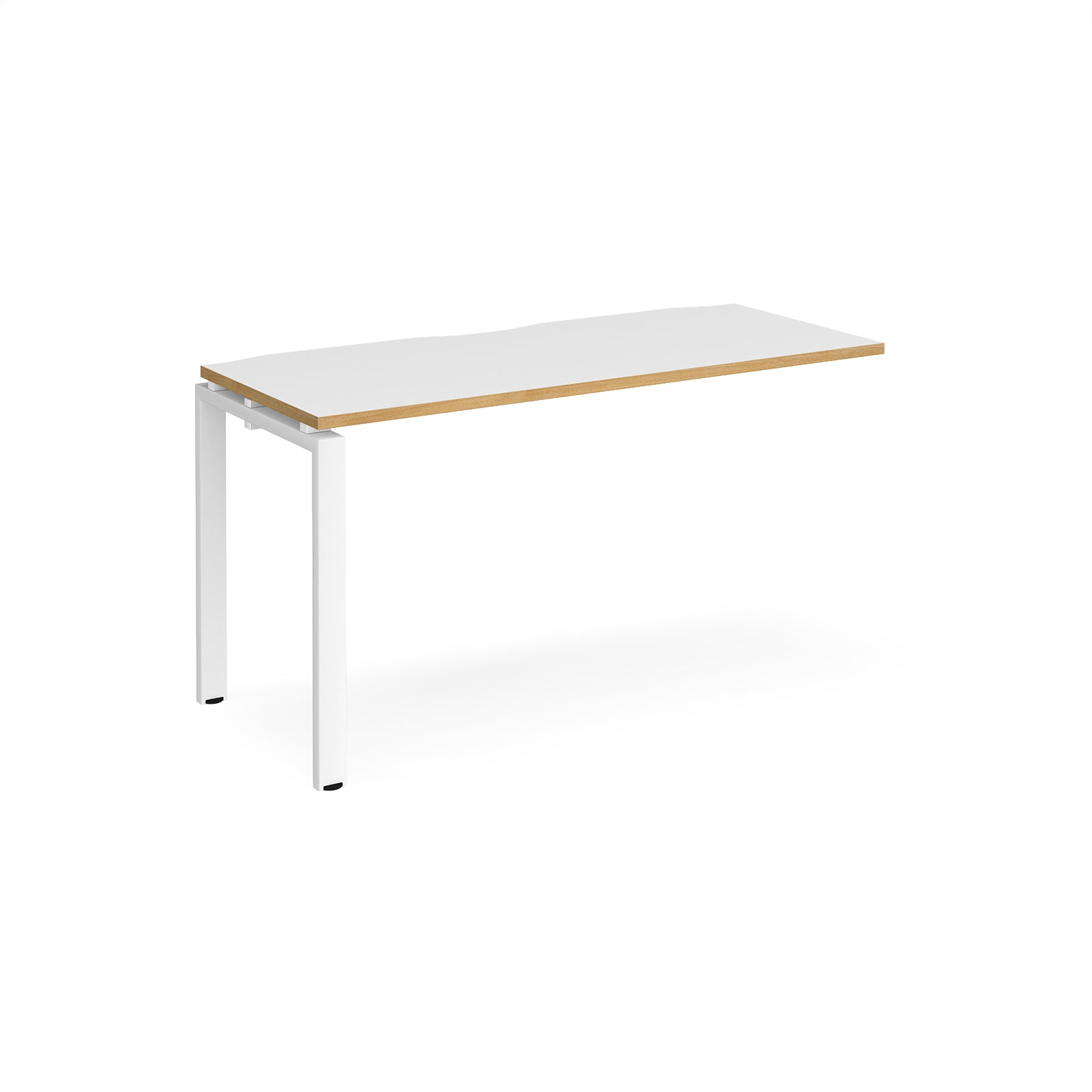 Desk add-on unit with white top with wooden edge and white metal frame on a white background