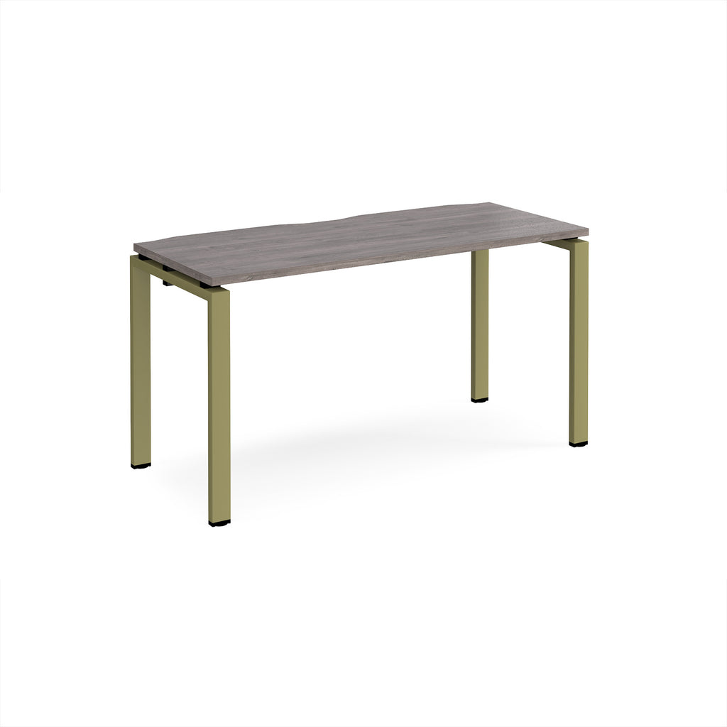 Rectangular desk with grey wood-effect top with green metal frame on a white background