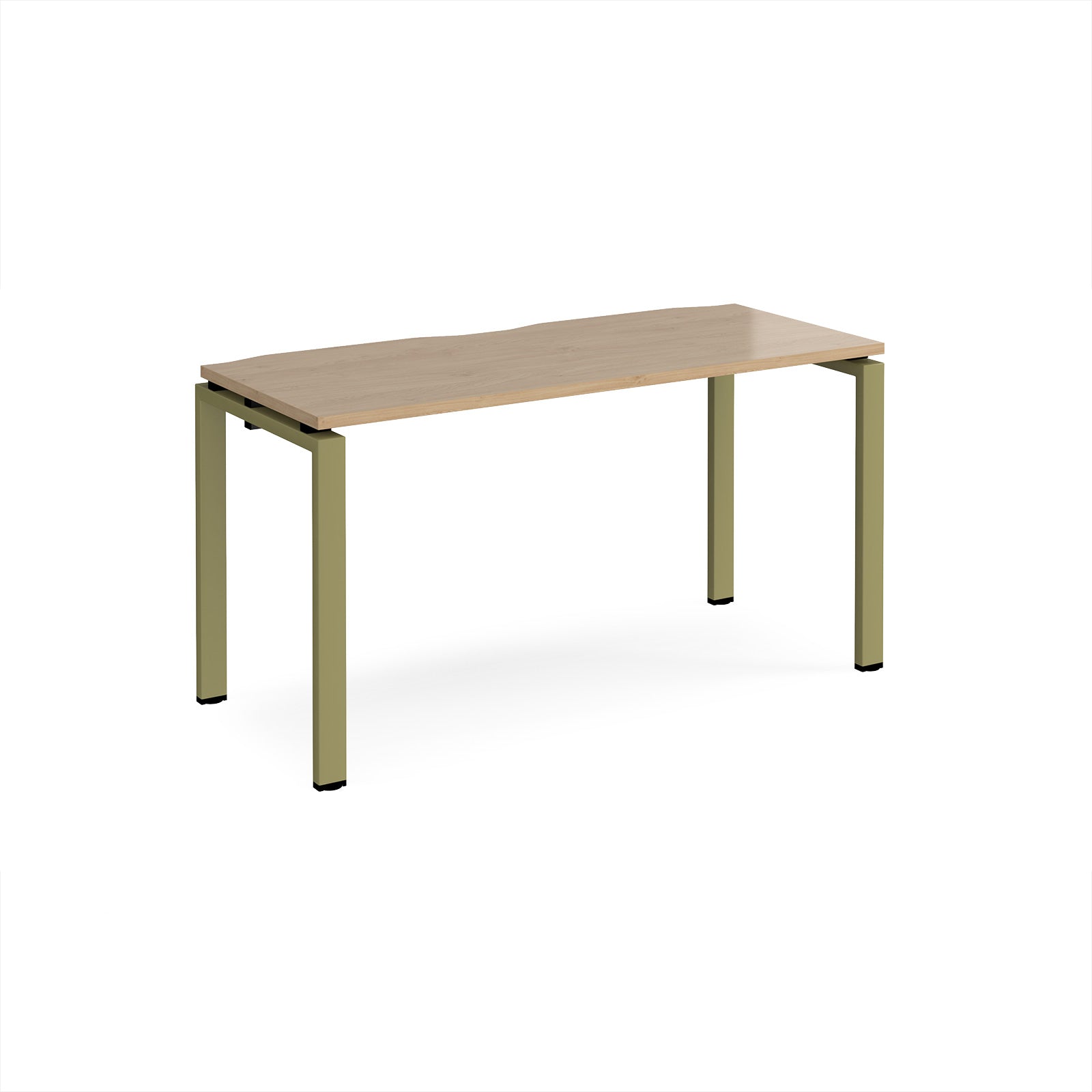 Rectangular desk with wood-effect top with green metal frame on a white background