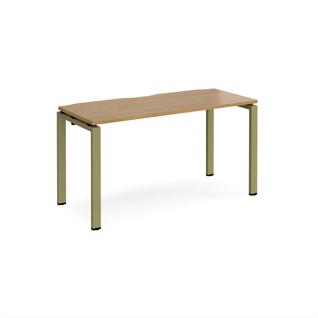 Rectangular desk with wood-effect top with green metal frame on a white background