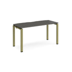 Rectangular desk with grey top with green metal frame on a white background