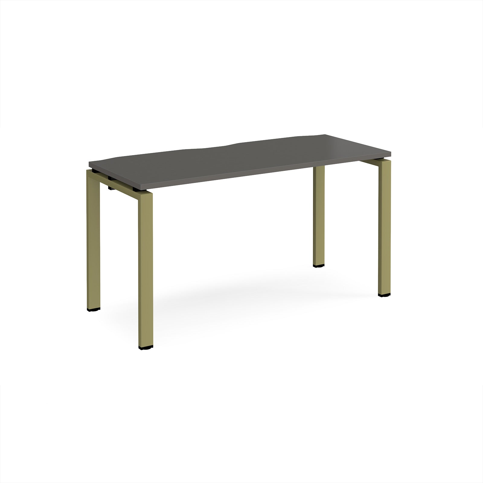 Rectangular desk with grey top with green metal frame on a white background