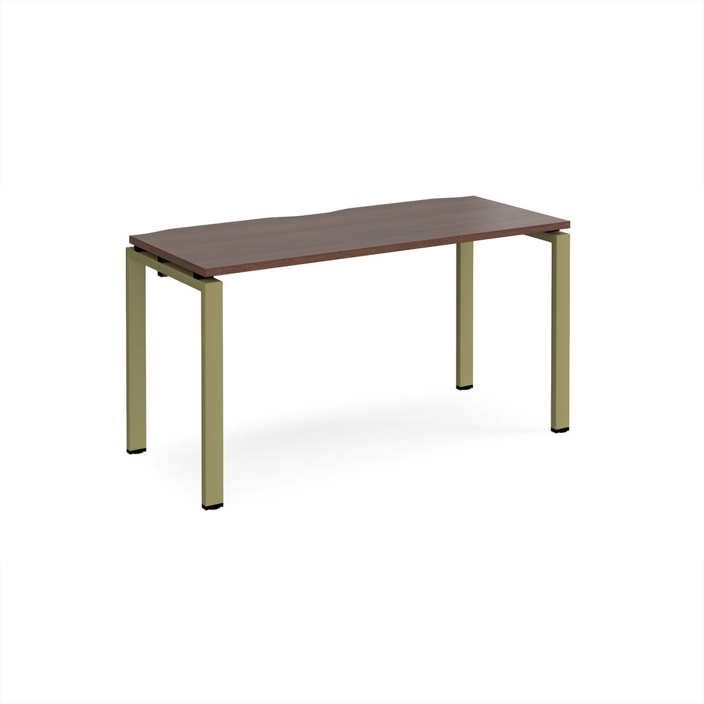 Rectangular desk with wood-effect top with green metal frame on a white background