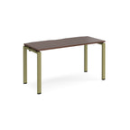 Rectangular desk with wood-effect top with green metal frame on a white background