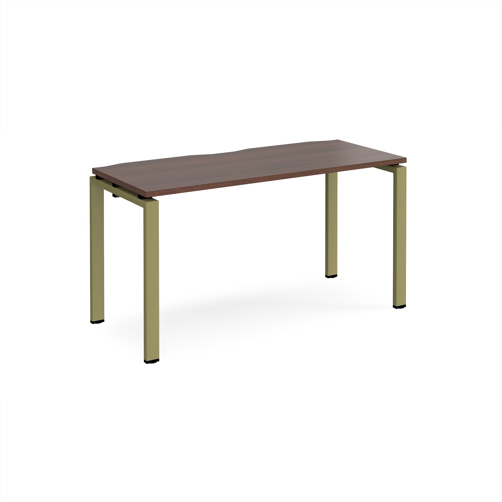 Rectangular desk with wood-effect top with green metal frame on a white background