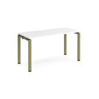 Rectangular desk with white top with green metal frame on a white background
