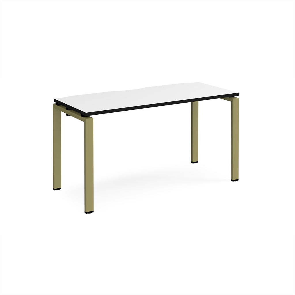 Rectangular desk with white top and black sides with green metal frame on a white background