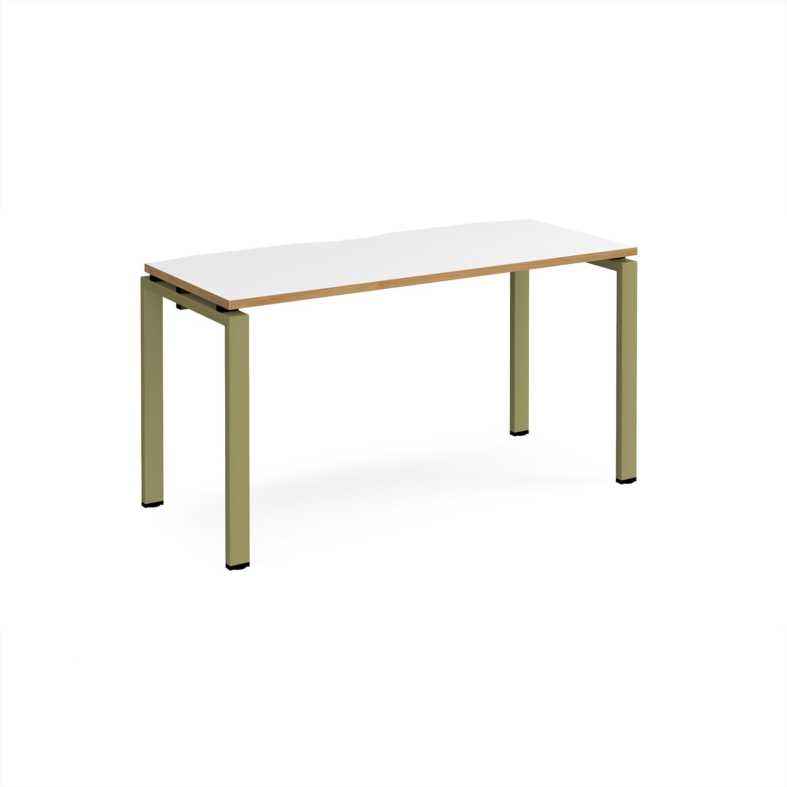 Rectangular desk with white top with wood edges and green metal frame on a white background
