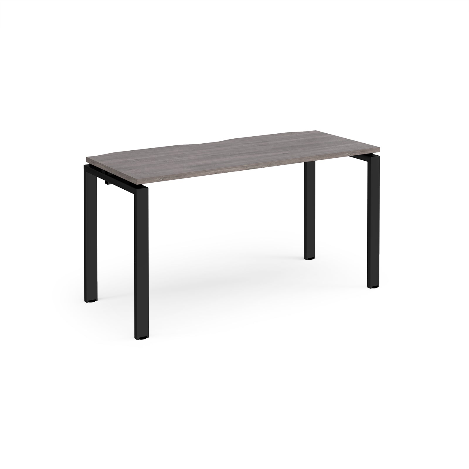 Rectangular desk with grey wood-effect top with black metal frame on a white background