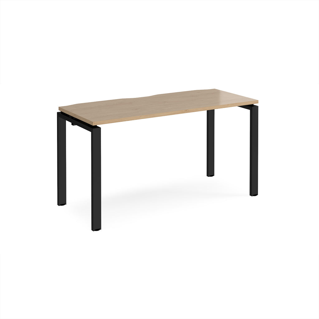 Rectangular desk with wood-effect top with black metal frame on a white background