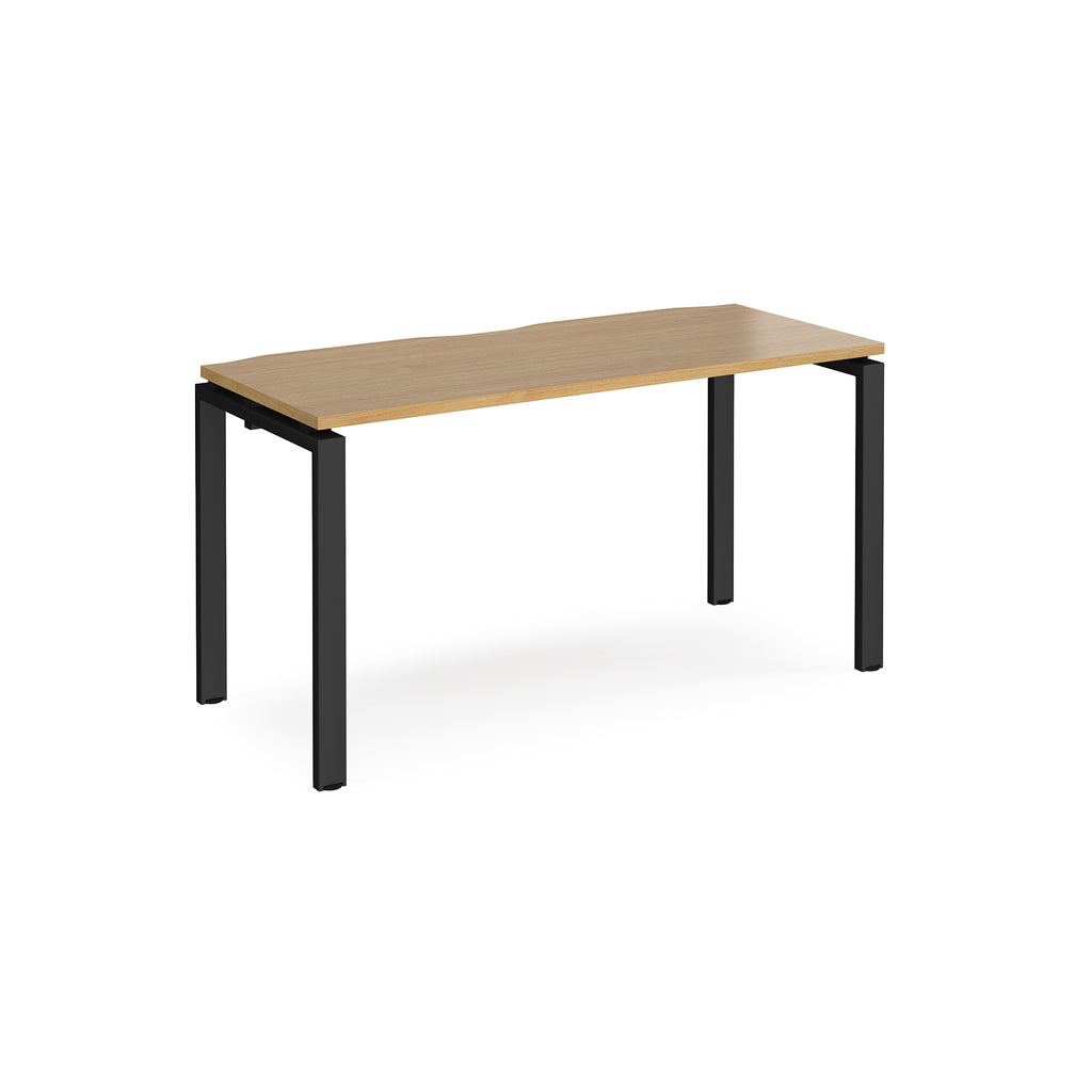 Rectangular desk with wood-effect top with black metal frame on a white background