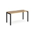Rectangular desk with wood-effect top with black metal frame on a white background