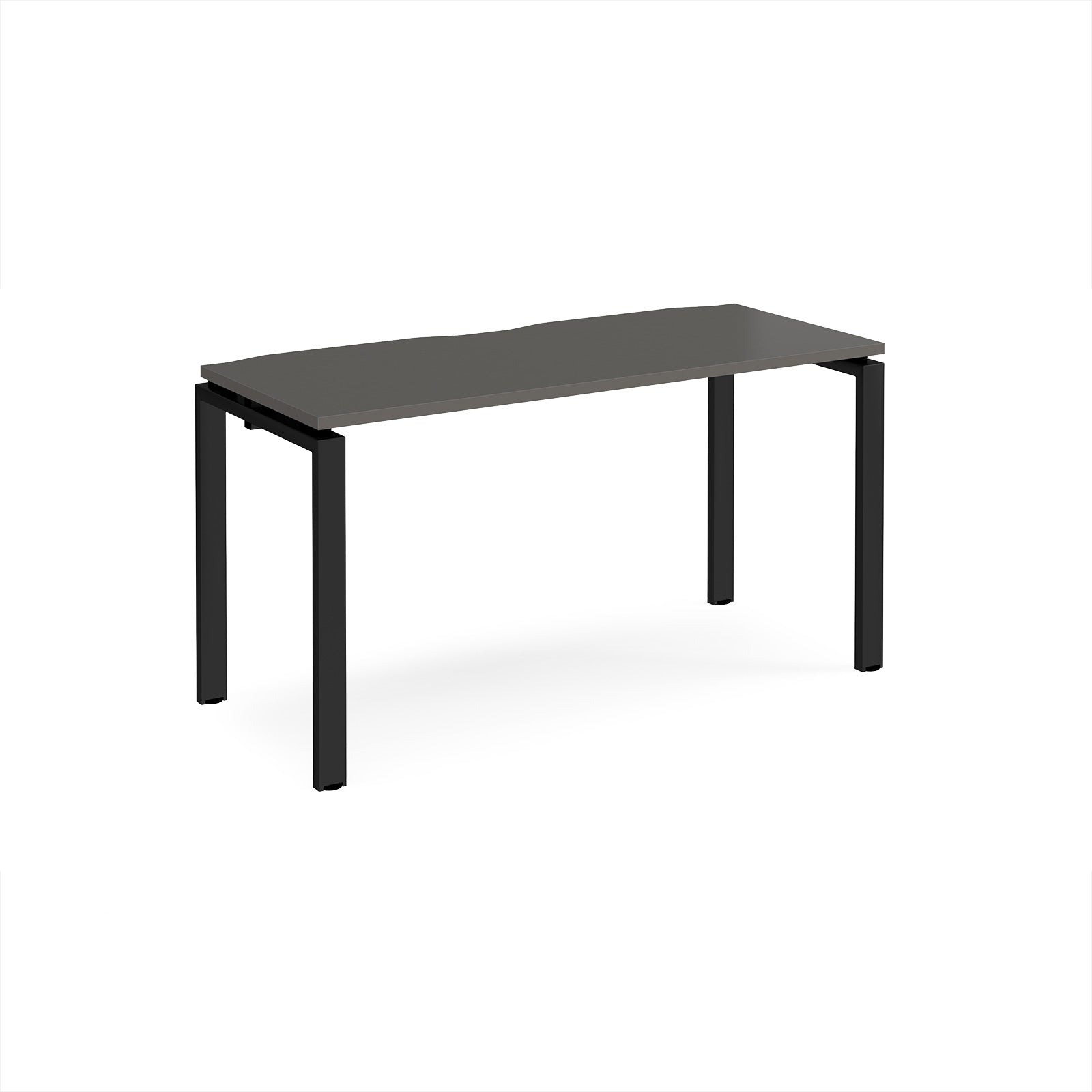 Rectangular desk with grey top with black metal frame on a white background