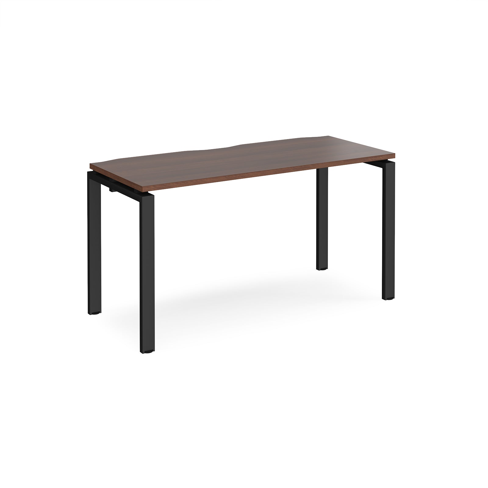 Rectangular desk with wood-effect top with black metal frame on a white background