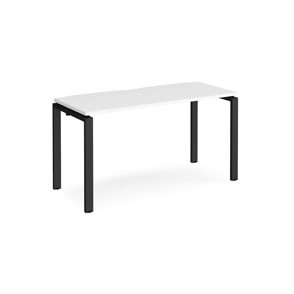 Rectangular desk with white top with black metal frame on a white background
