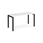 Rectangular desk with white top with black metal frame on a white background
